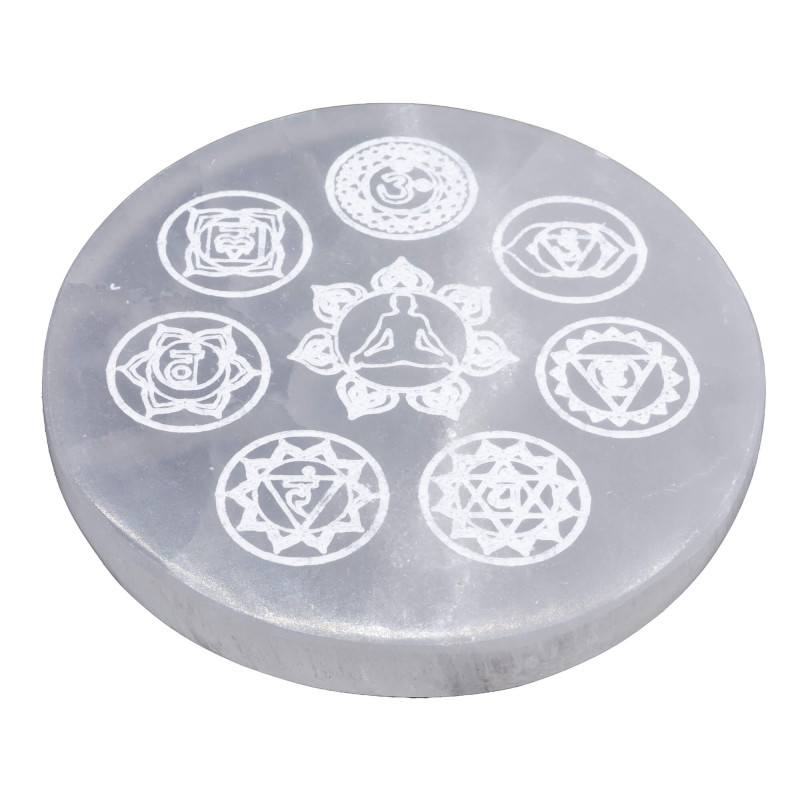 Plaque Sélénite Bouddha 7 Chakras 10cm
