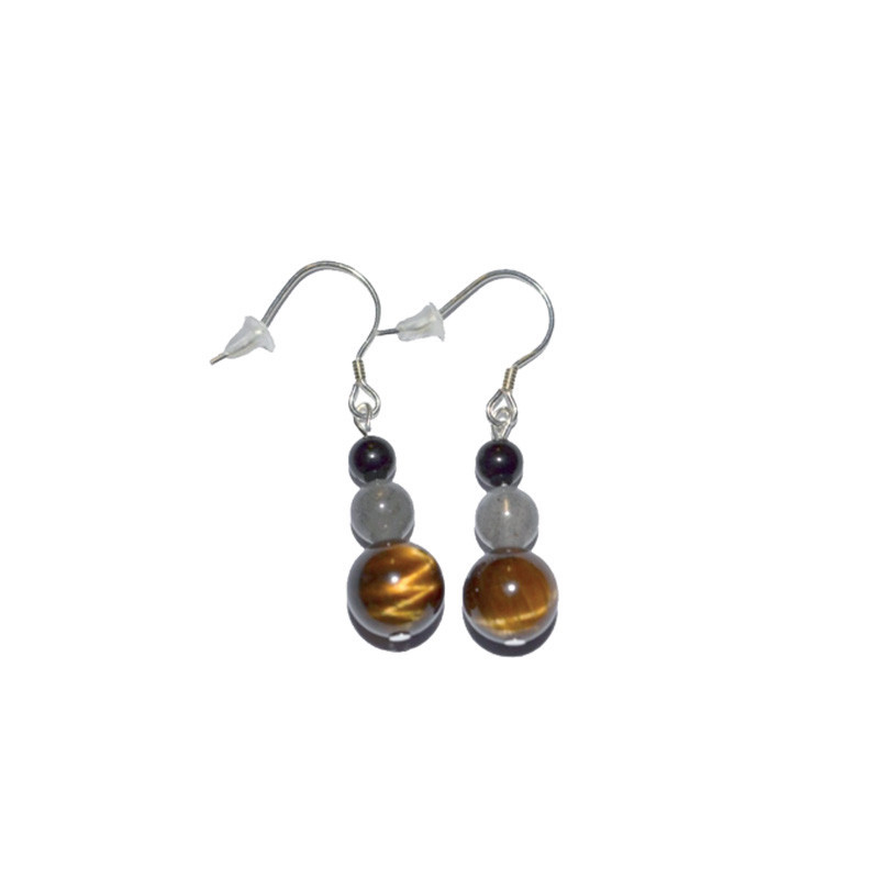 Boucles d'oreilles labradorite, tourmaline et œil de tigre