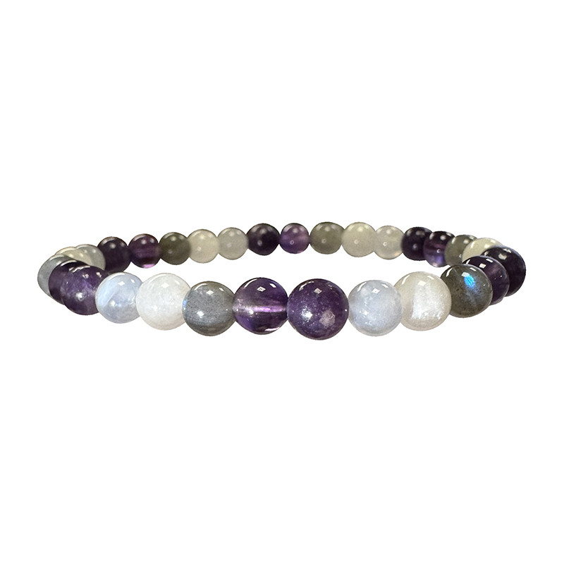 Bracelet en pierre de lune, labradorite, améthyste, lépidolite et aigue marine